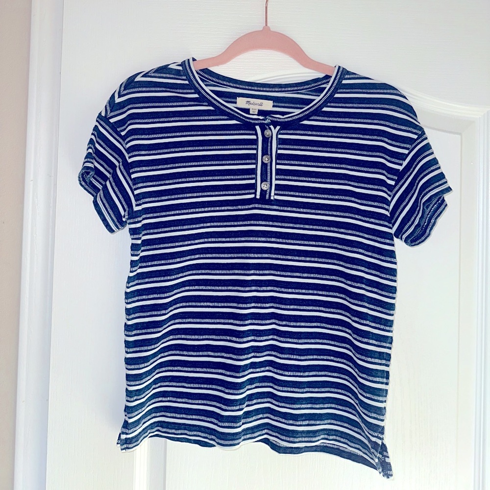 Madewell Brother Henley Indigo and White Striped Tee